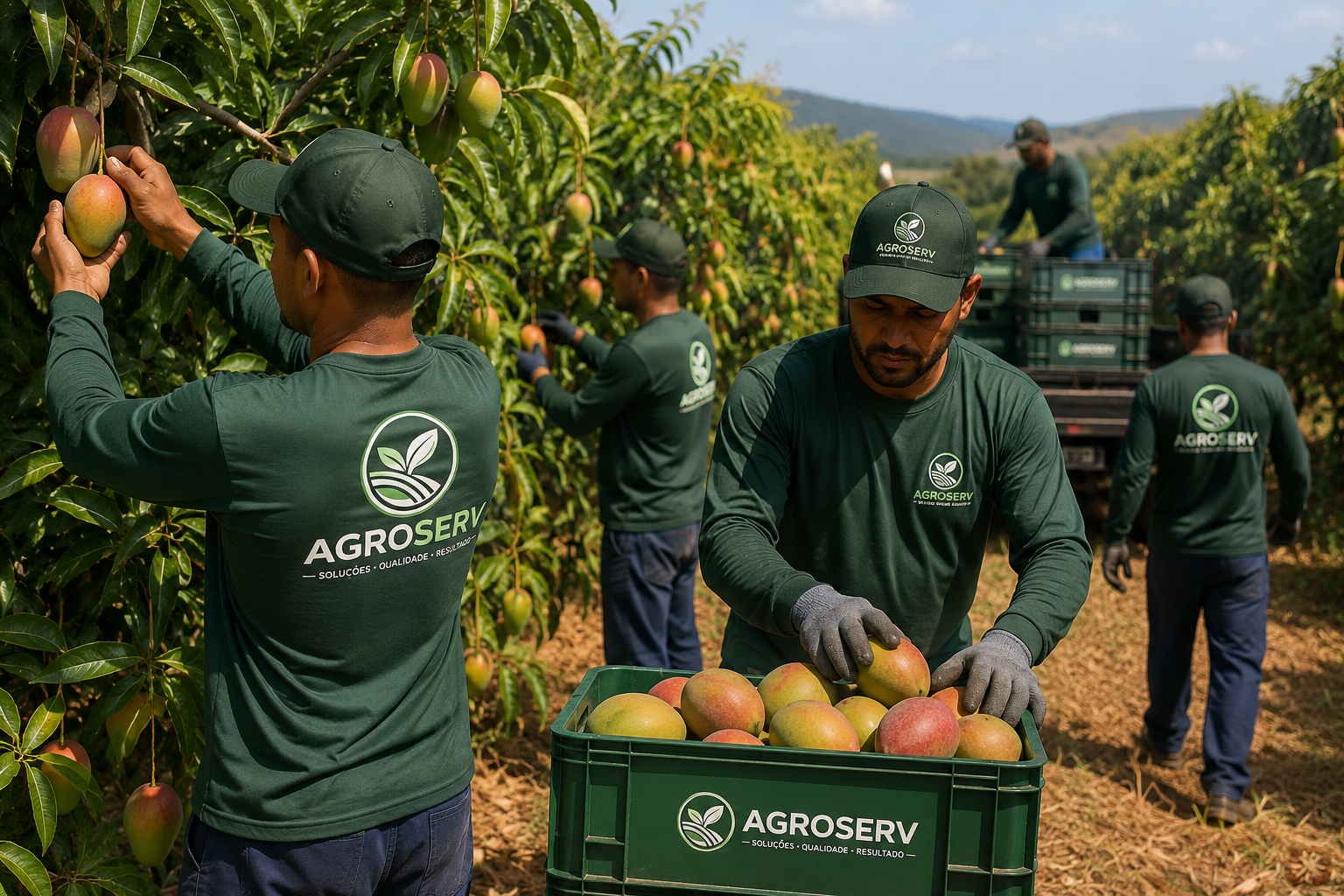 Trabalhadores agroserv em campo de colheita de frutas no Brasil